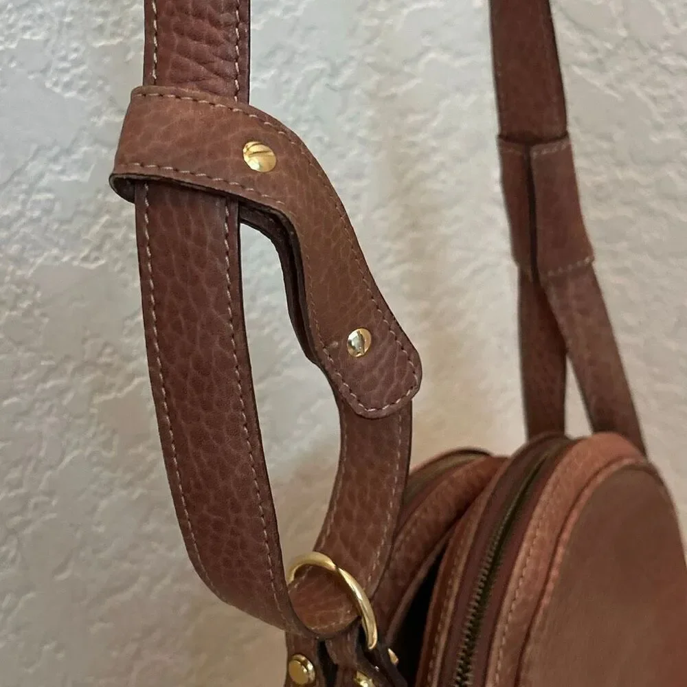 Bally Pebbled Leather Double Circle Crossbody Bag Cognac Brown Quiet Luxury